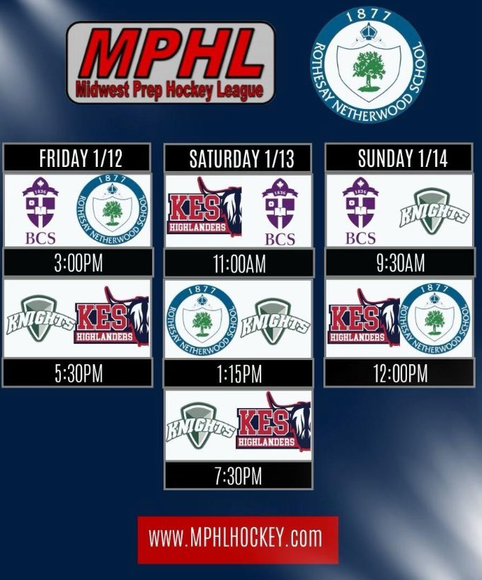 RNSPrepBoys's tweet photo. 5 days away! @RNSPrepHockey hosts a @themphl #SempliceDivision weekend for the first time since joining the MPHL in 2018! All Games are played at the Dr C.H. Bonnycastle Memorial Arena on Campus. #PrepHawkey #RiverHawkey #FearTheFlock @BCS_Bears @KESBoysHockey @riceprepvt https://t.co/6NbC7EnIYZ