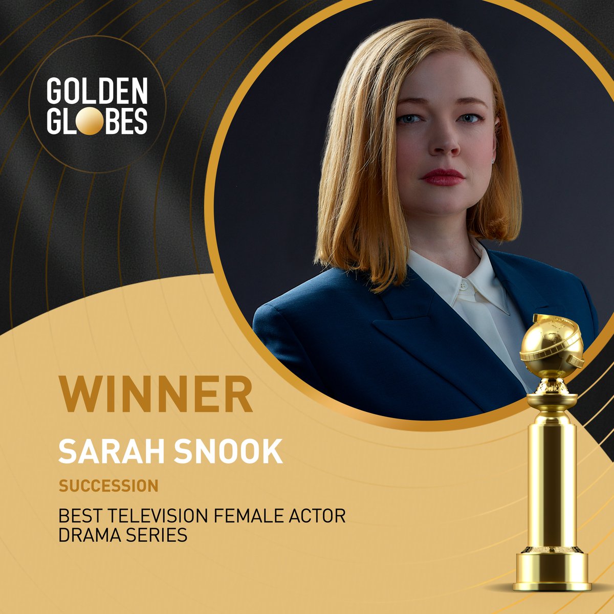 She's done it! Congratulations Sarah Snook, you're taking home the 🏆 for Best Television Female Actor – Drama Series! #GoldenGlobes