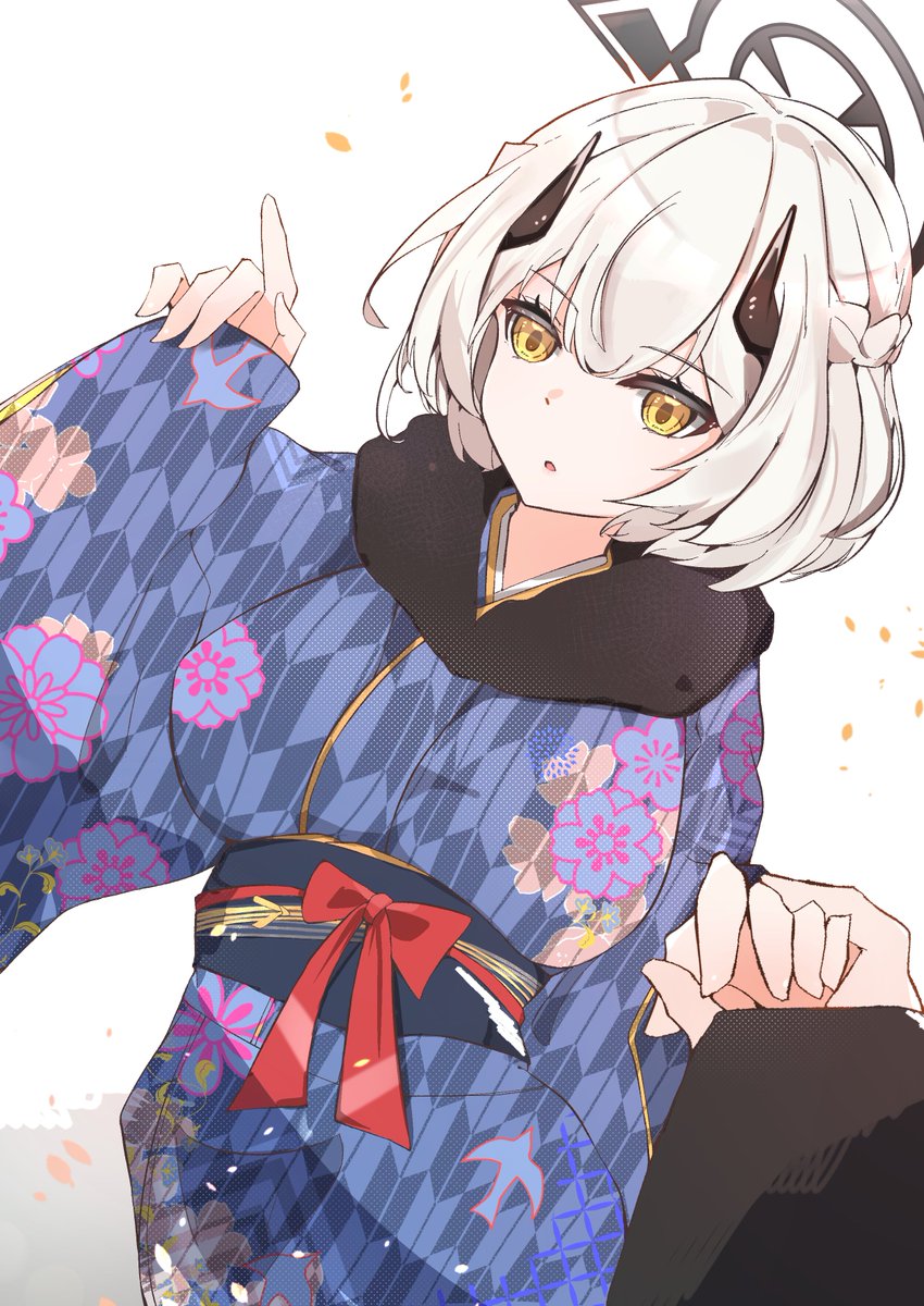 1girl halo horns yellow eyes japanese clothes kimono white hair  illustration images