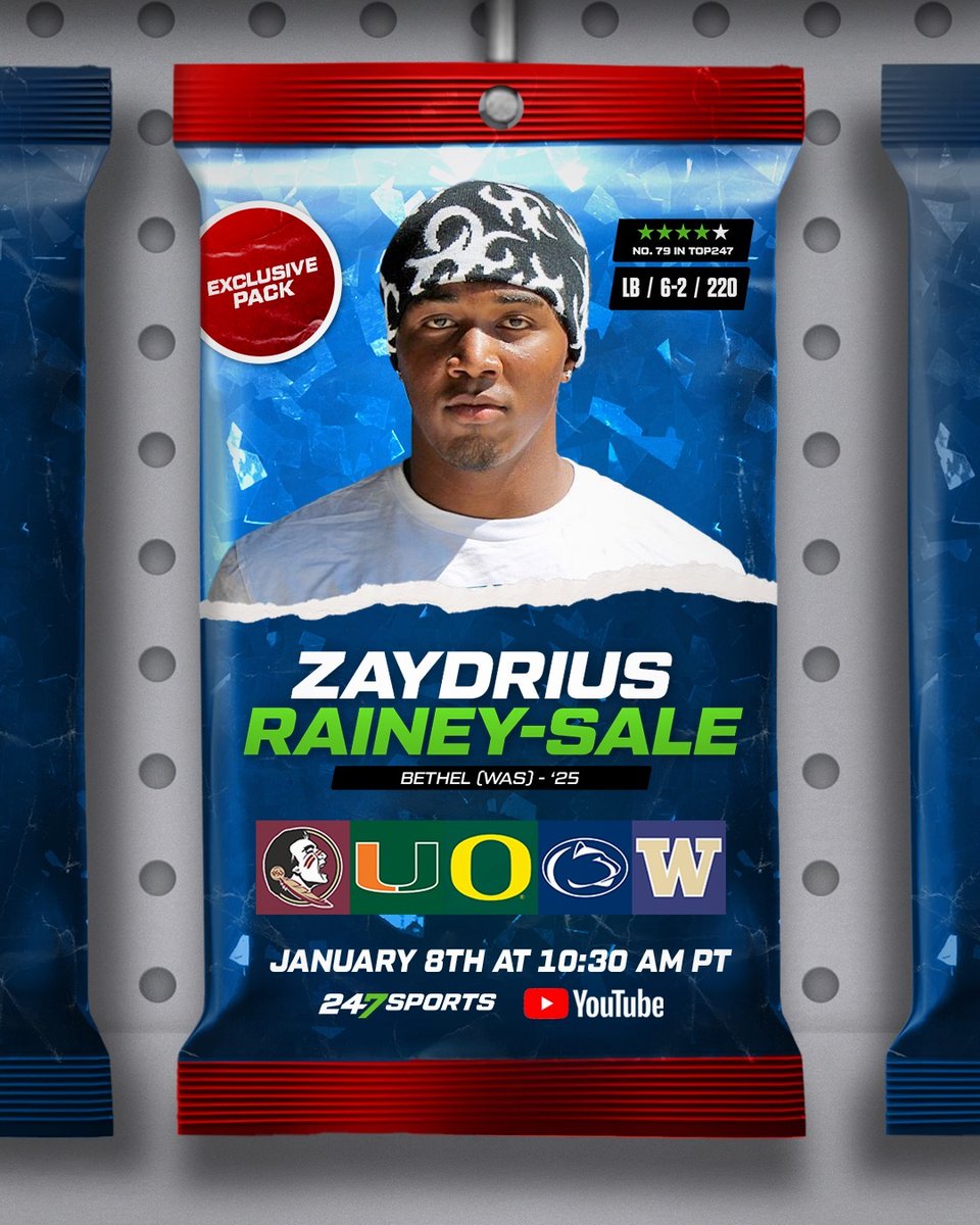 247Sports's tweet photo. π¨ COMMITMENT ALERT π¨
4βοΈ LB Zaydrius Rainey-Sale will be announcing his decision LIVE on the 247Sports YouTube channel at 10:30 PT π
He's ranked as the No. 1 player in Washington in the Class of 2025 π
WATCHπΊ: https://t.co/frRkqIlhmB https://t.co/eoun5J8G7v