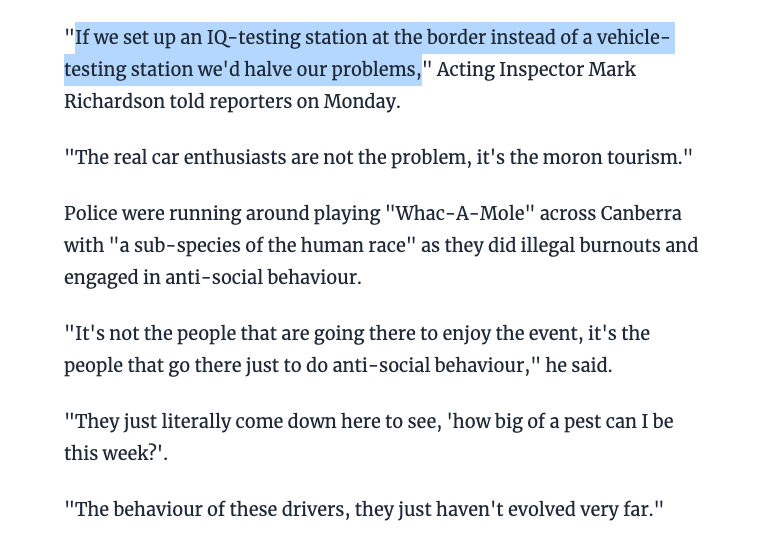 quite a serve from ACT Police for the Summernats car festival crowd - "moron tourism",  "a sub-species of the human race"

(cop also said "they haven't evolved very far") canberratimes.com.au/story/8479577/…