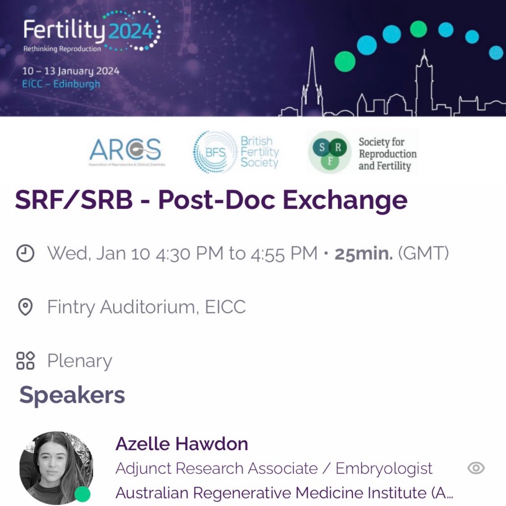 azelle_hawdon's tweet photo. Excited to be heading to Edinburgh for @Fertility2024! 

Thank you to @SRF_Repro and @ReproductionSRB for the opportunity to present the Post-Doc exchange lecture. Looking forward to connecting with some of you at the Satellite Session next week!

@LabZenker @ARMI_Labs https://t.co/qNnlFGc3NH