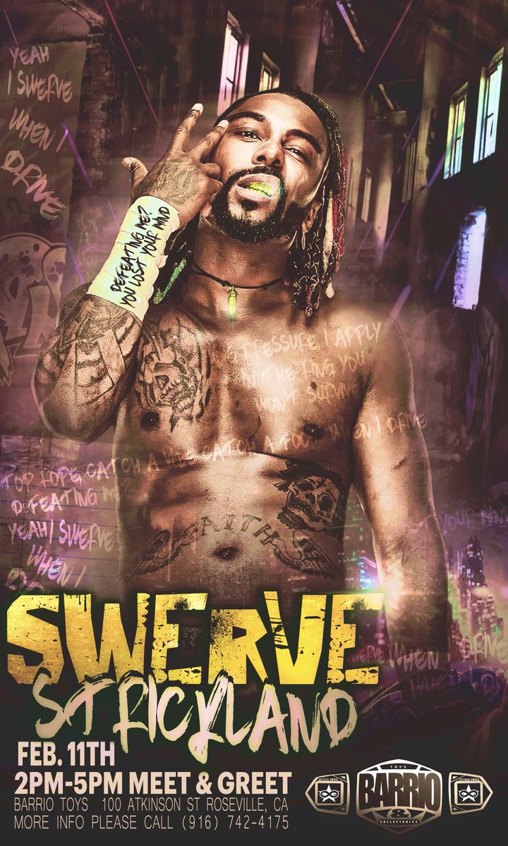 Holy crap, got some late night news to share. @BarrioToys will have the current top merchandise seller and the hottest name in AEW, Shane “Swerve” Strickland @swerveconfident on February 11th from 2-5 pm! More details to come but don’t miss out on this one!