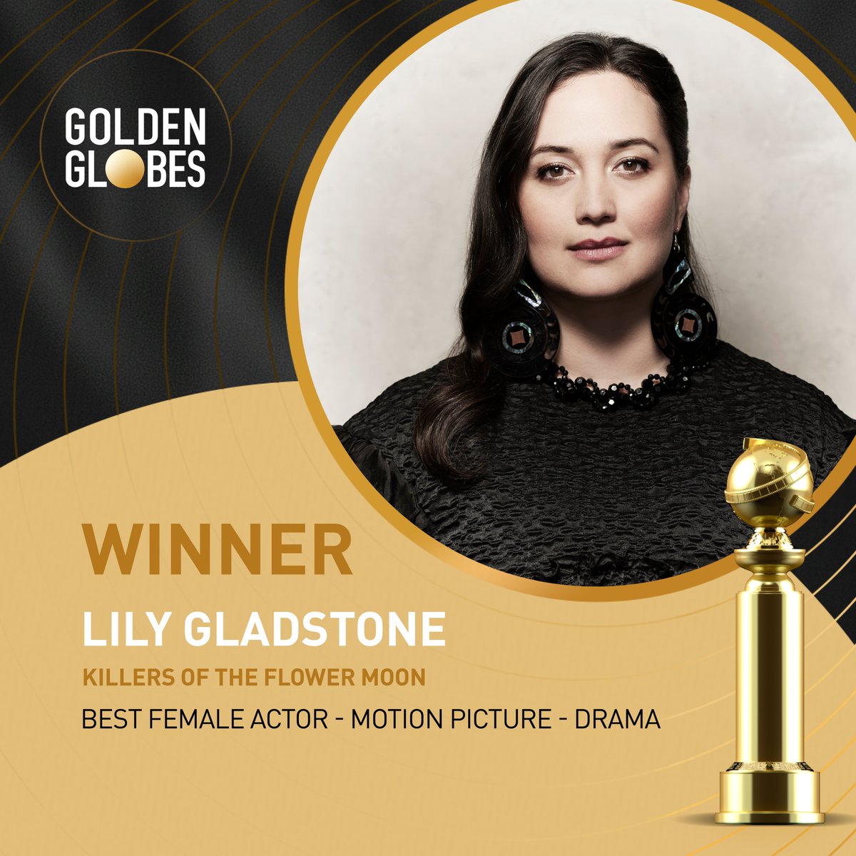 And the #GoldenGlobes award for Best Female Actor – Motion Picture – Drama goes to... Lily Gladstone for their role on Killers of the Flower Moon! Congrats! 🎉