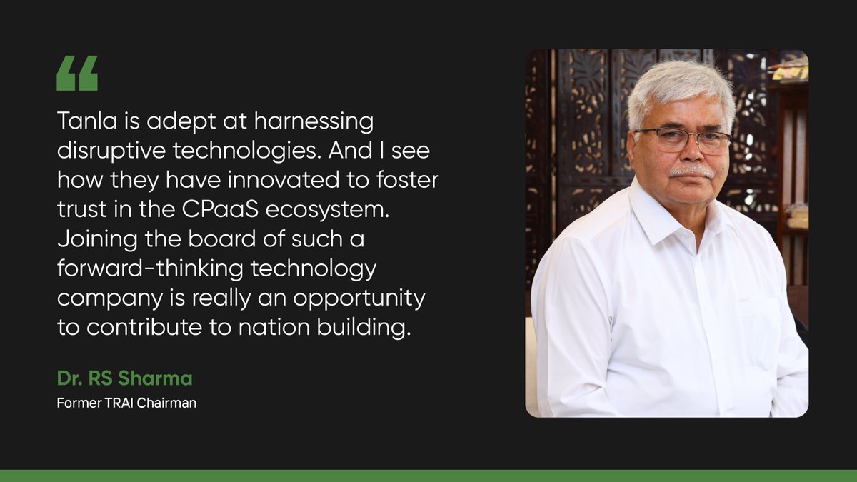 Dr. @rssharma3, Former TRAI Chairman, a visionary in executing India's digital transformation journey. Today, he embarks on a journey with Tanla to support our purpose enable companies & empower consumers. Please welcome Dr. RS Sharma to our board of directors.…