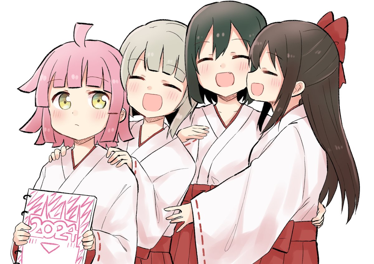 ousaka shizuku ,tennouji rina 4girls multiple girls japanese clothes pink hair miko closed eyes ahoge  illustration images