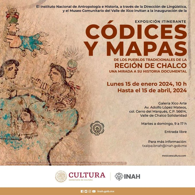 El #INAH y el Museo Comunitario del Valle de Xico te invitan #Mañana a la inauguración de la expo: 'Códices y mapas de los pueblos tradicionales de la región de Chalco. Una mirada a su historia documental'. Lunes 15 de enero | 10 h. Hasta el 15 de abril #EntradaLibre #NoFaltes