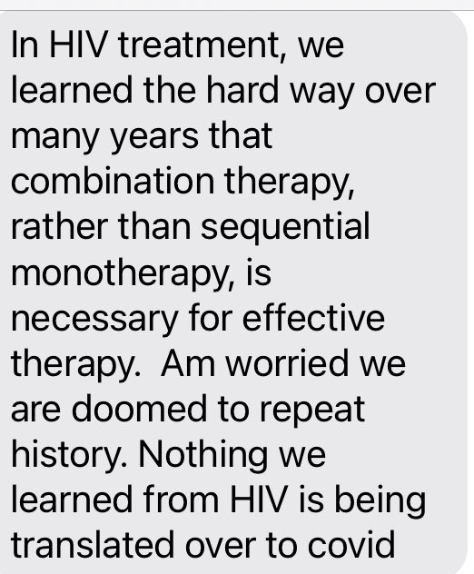 danaparish's tweet photo. 🚨 HIV doc: “Worried we’re doomed to repeat history” 

I received this text yest from HIV MD. 

We were lamenting poor guidelines for early Covid treatment (5d Paxlovid). 

He’s been saying since Feb 2020 that we’ll need combo therapy to clear chronic SARS2 reservoirs, a la HIV: https://t.co/LfNCyaS8qn