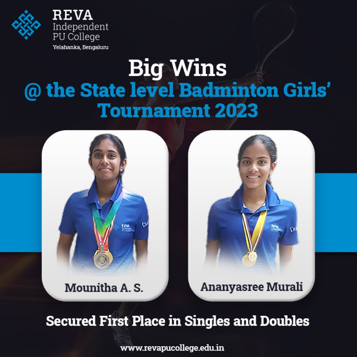 ```🏸 Big wins for #REVAIndependentPUCollege #ResidentialCampus #Yelahanka at the #State #level #Badminton #GirlsTournament 2023! 🏆 Ananya Murali and Mountha A S secured first place in both singles and doubles, making us proud! 🌟🥇