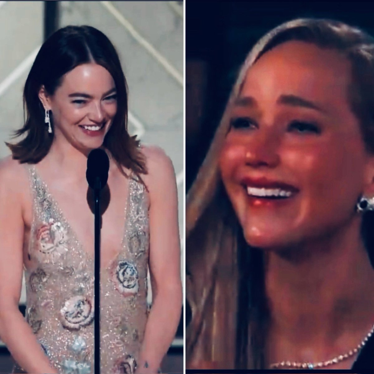 samskey7's tweet photo. Jennifer Lawrence hype-woman 4 Emma Stone when she wins best actress in comedy/ musical for @PoorThingsFilm (beating out J-Law herself) @goldenglobes https://t.co/Cmoi9jUkZe