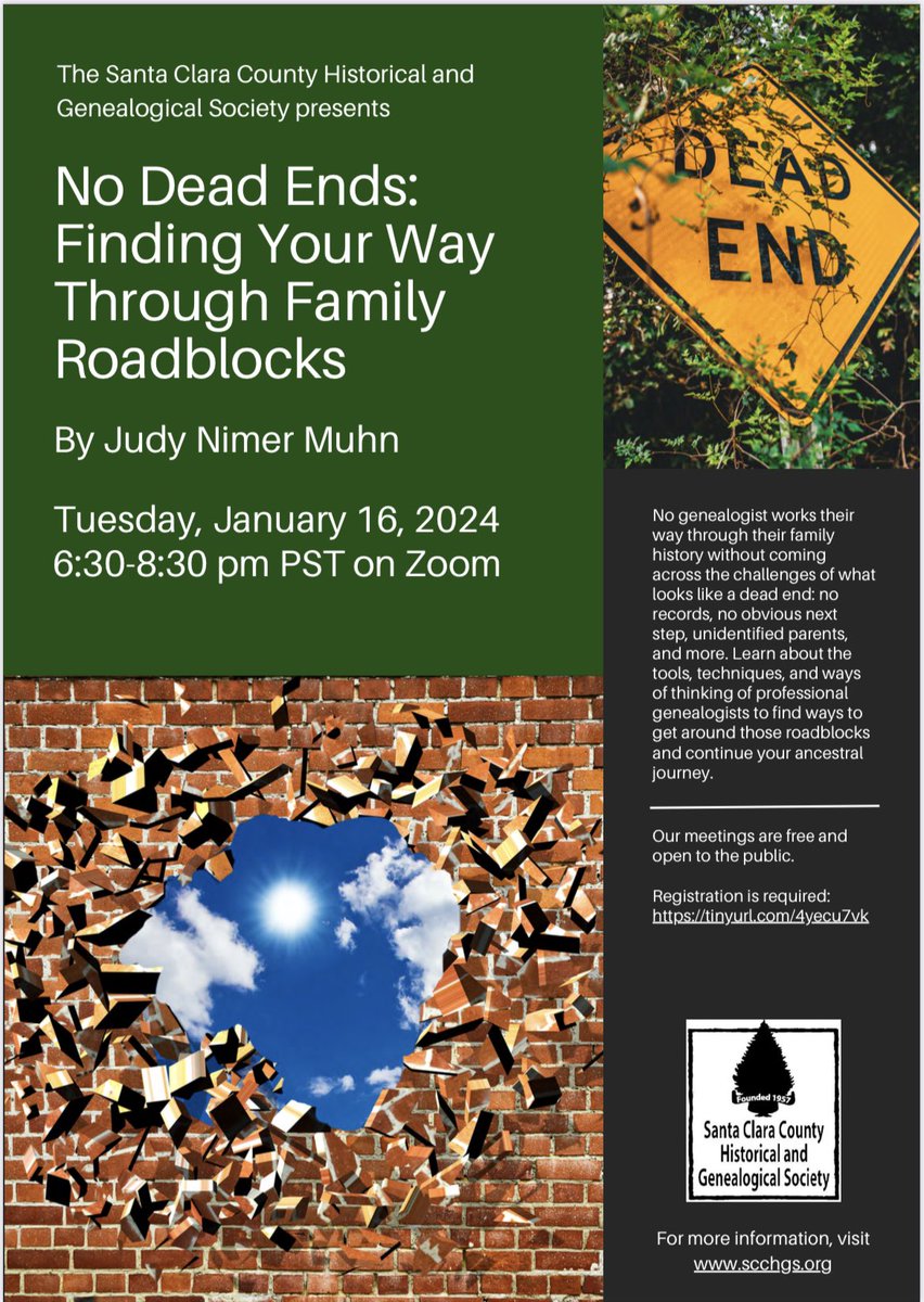 scchgs's tweet photo. “No Dead Ends: Finding Your Way Through Family Roadblocks”

Presenter:  Judy Nimer Muhn
Tuesday, January 16, 2024, 6:30 - 8:30 pm PST 

Free please register first at website. #Genealogy #FamilyHistory  #history 

https://t.co/zdDME4l1kY https://t.co/do7ttIVPNb