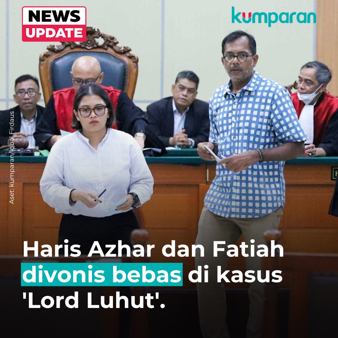 PN Jaktim membacakan vonis untuk Haris Azhar dan Fatiah Maulidiyanty di kasus 'Lord Luhut. Majelis hakim memvonis bebas untuk keduanya. #newsupdate #update #news #oneliner