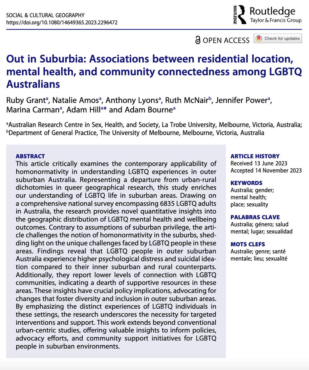 ✨Happy 2024! New article by the @LTU_Sex_Health team now published open access in @SocCultGeog! We found that #LGBTIQ ppl living in outer suburban Australia report poorer mental health than other areas - Why? 🏡 doi.org/10.1080/146493…