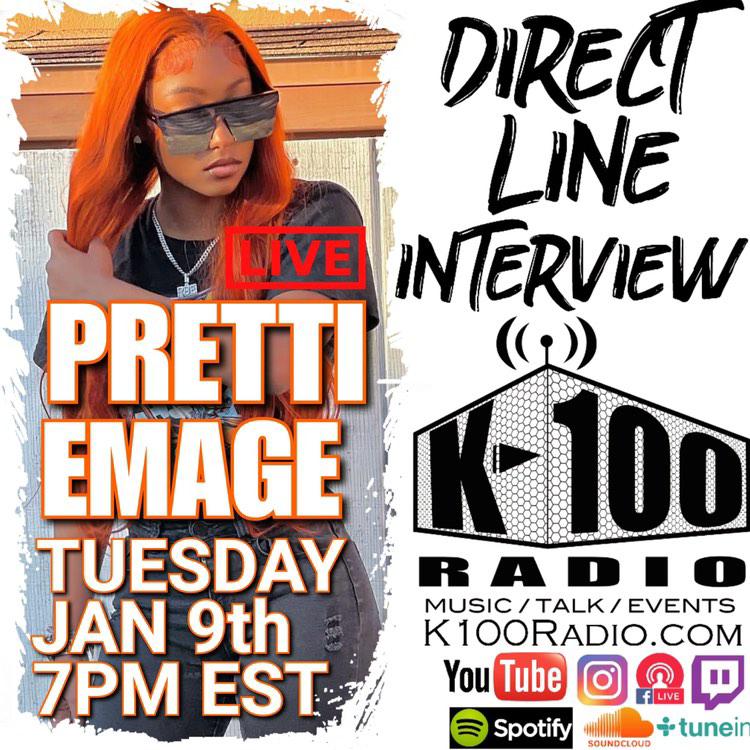 PrettiEmage's tweet photo. Tuesday Jan. 9th at 7pmEST catch our Direct Line Interview with @pretti_emage on @K100_Radio. 📻
Listen in as we chop it up about her music & more!
🎧https://t.co/YfojjNg5zc or listen on our mobile app.
📲watch via the K-100 Radio YouTube Channel
#K100Radio #PrettiEmage https://t.co/V00A1cRDhW