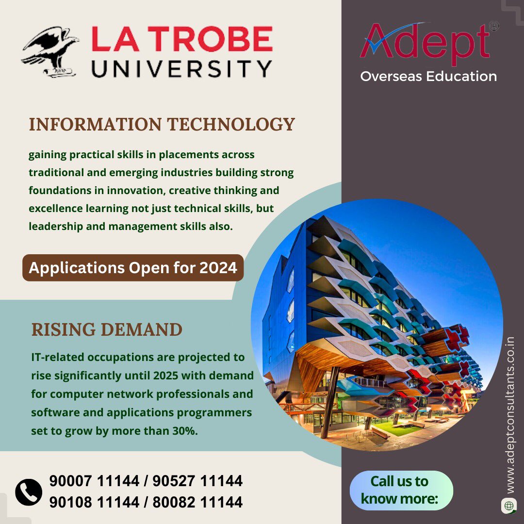 Latrobe university 

Applications open for 2024.

#Adeptoverseaseducation #visaguidance #topuniversities #scholarshipprogram #latrobeuniversity