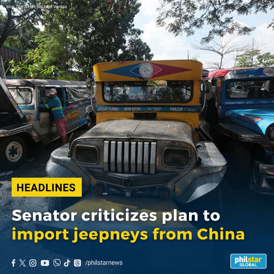 PhilstarNews's tweet photo. TULFO OPPOSES PLAN TO IMPORT CHINA-MADE JEEPNEYS

“Our waters in the West Philippine Sea are already being occupied by China. Will we let our roads be occupied by them?" Sen. Raffy Tulfo said in Filipino.

Read: https://t.co/8M8WyFLWJs https://t.co/mQzv7gWE2e