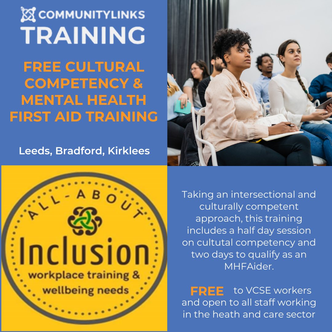 New Year, new training! Sign up for our FREE 2.5 day cultural competency and mental health first aider course.  Various dates across Leeds, Kirkless and  Bradford, it's free to VCSE workers and all staff working in the health and care sector. Visit: commlinks.co.uk/training/cours…