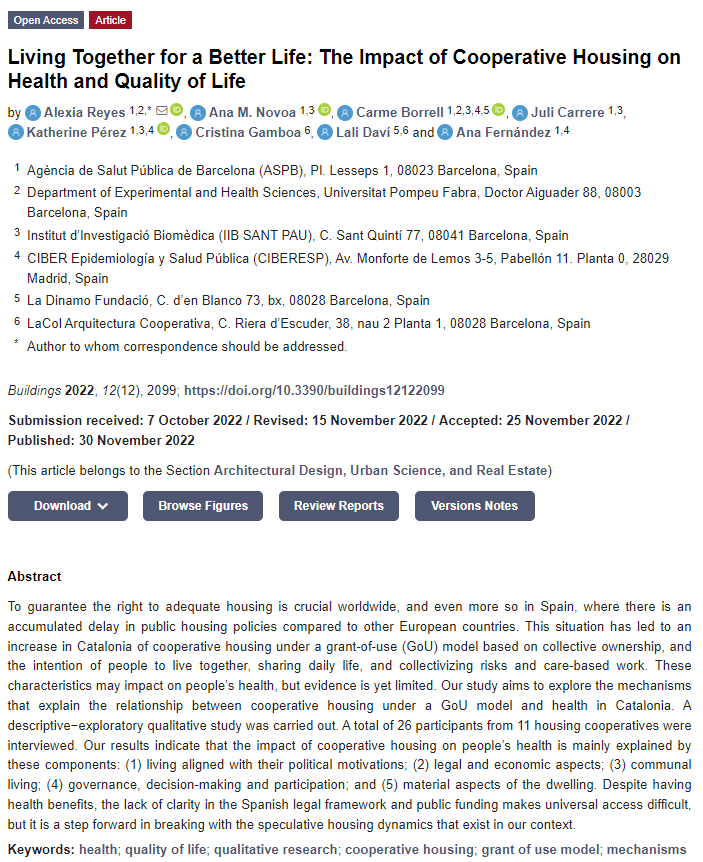 Our article: "Living Together for a Better Life: The Impact of Cooperative Housing on Health and Quality of Life" is now published in the Journal "Buildings". You have here the linK: mdpi.com/2075-5309/12/1…
