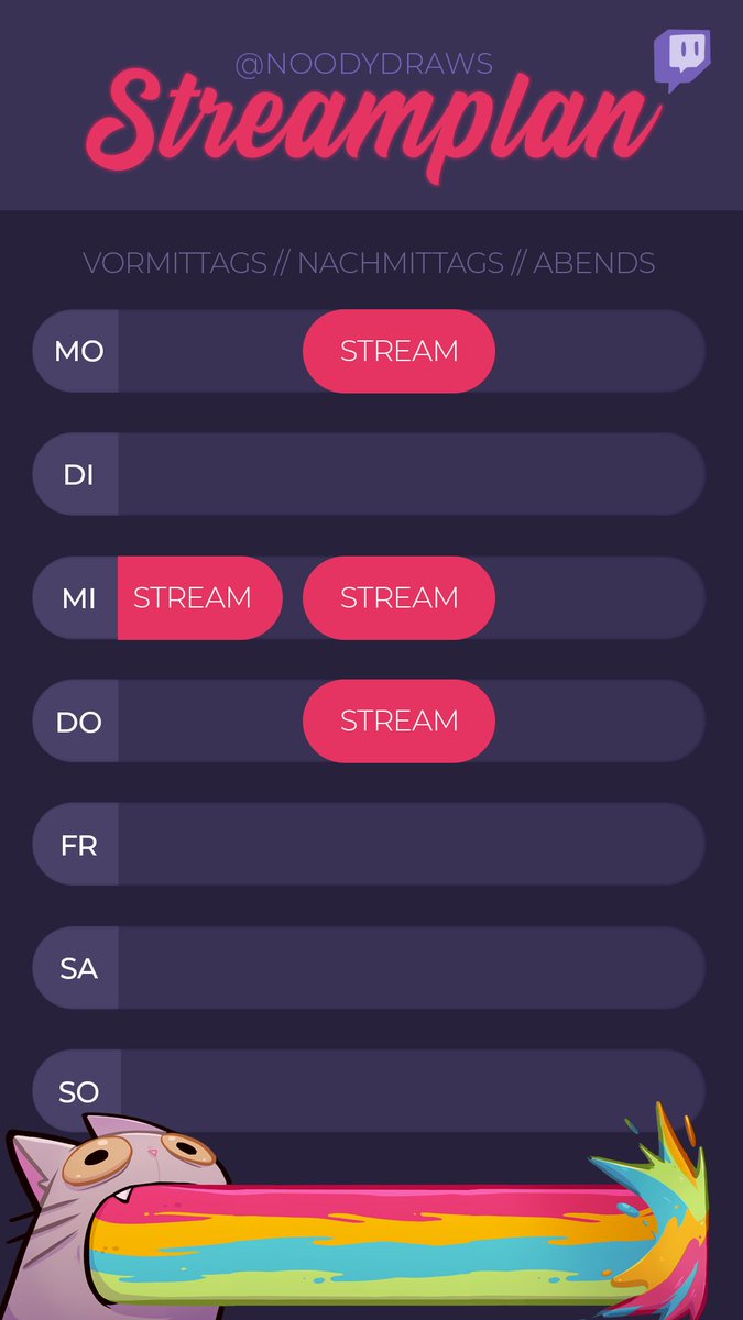 Heyo! Ich bin wieder da und leg direkt los mit nem frischen, leckeren Streamplan! Ich werd diese Woche hauptsächlich Zeug für das neue Patreon machen und am Mittwoch zwei neue Commissions anfangen!