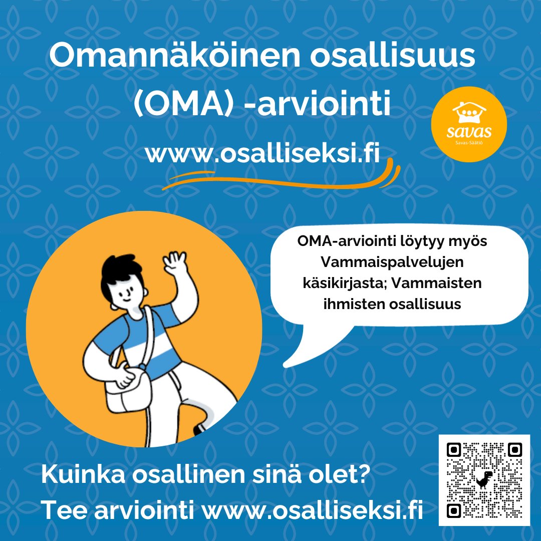 Taas on aihetta juhlaan🥳!
Omannäköinen osallisuus eli OMA-arviointi löytyy nyt myös Vammaispalvelujen käsikirjasta 
👉
thl.fi/julkaisut/kasi…
<a href="/THLorg/">THL</a> 
<a href="/KVLiitto/">Kehitysvammaliitto</a> 
osalliseksi.fi

#osallisuus
#osallisuudenarviointi