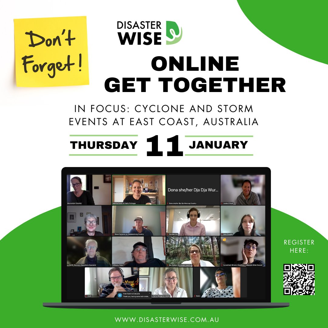 The #DisasterWISE team is getting excited for our online #get-together happening this week on Thursday, the 11th of January. This time, we will hear from #community members following events on #Australia’s #East Coast. disasterwise.com.au/events/

#Cyclone #Floods #Storms #Recovery