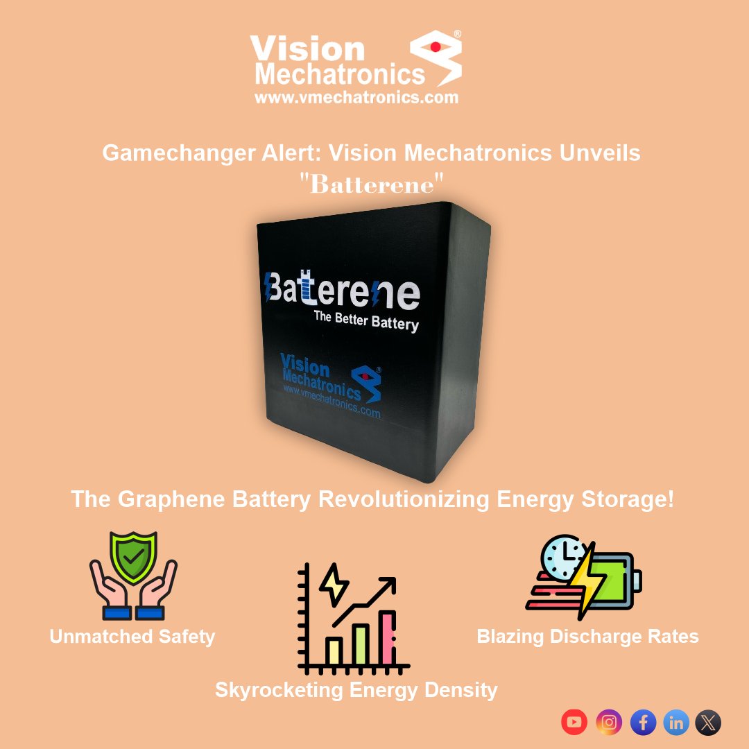 VisionMechX's tweet photo. Gamechanger alert! โก Introducing Batterene, the graphene battery redefining energy storage. Safer, denser, faster, lighter - revolutionize your world! #VisionMechatronics #Batterene #EnergyRevolution https://t.co/bhlo4pPZfs