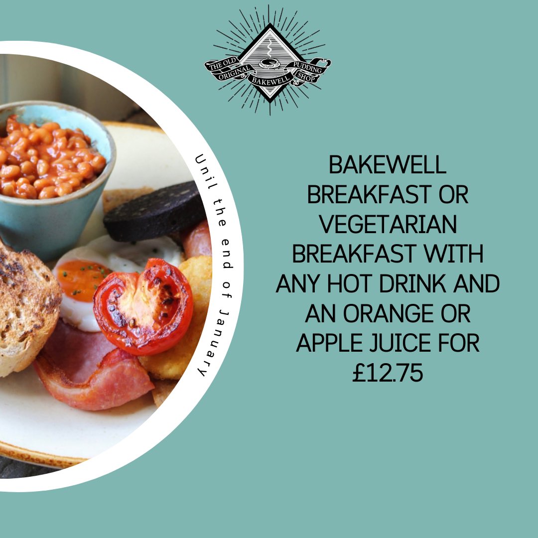 🍴January Breakfast Offer! 🍴 

Enjoy a Bakewell Breakfast or a vegetarian breakfast with a hot drink and an orange juice or apple juice for £12.75 

Or why not try one of our breakfast sandwiches with a hot drink for £8.50 

~ Monday - Friday until the end of January