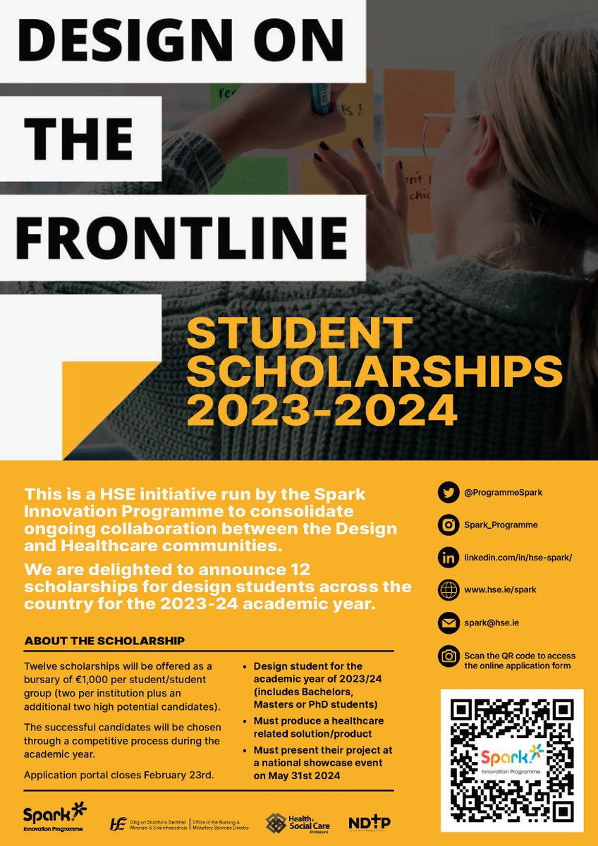 Spark Innovation Programme (@programmespark) on Twitter photo Attention design students...DESIGN ON THE FRONTLINE is back!
12 scholarships available to aid students to take on real healthcare challenges with a fresh perspective!
See below or visit tinyurl.com/5762n755 for details
<a href="/MaynoothUni/">Maynooth University</a> <a href="/UL/">University Of Limerick</a> <a href="/NCAD_Dublin/">National College of Art & Design</a> <a href="/WeAreTUDublin/">TU Dublin / OT Baile Átha Cliath</a> <a href="/atu_ie/">Atlantic Technological University</a> Attention design students...DESIGN ON THE FRONTLINE is back!
12 scholarships available to aid students to take on real healthcare challenges with a fresh perspective!
See below or visit tinyurl.com/5762n755 for details
<a href="/MaynoothUni/">Maynooth University</a> <a href="/UL/">University Of Limerick</a> <a href="/NCAD_Dublin/">National College of Art & Design</a> <a href="/WeAreTUDublin/">TU Dublin / OT Baile Átha Cliath</a> <a href="/atu_ie/">Atlantic Technological University</a>