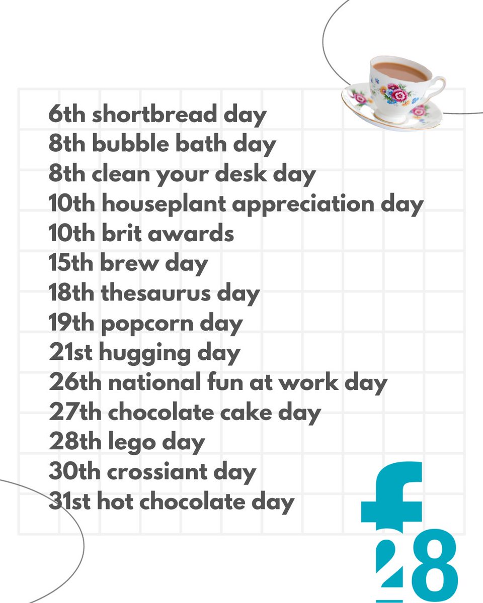 It's January!! 🎉

What will you be celebrating this month? At Function28 we have compiled a list of key dates for your diary, so when you running low on social media content ideas here's your go-to list! 📃

#socialmedia  #socialmediamarketing #digitalmarketing