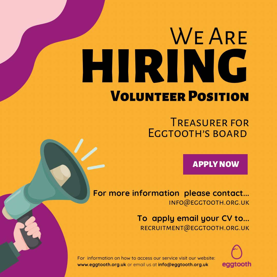 Eggtooth Project (@eggtoothproject) on Twitter photo π Eggtooth is hiring a Treasurer! π Passionate about community, have a finance background, and share our vision, then join us! π Become a part of our community-driven social enterprise. Apply at recruitment@eggtooth.org.uk with your CV and cover letter. #Eggtooth #Community π Eggtooth is hiring a Treasurer! π Passionate about community, have a finance background, and share our vision, then join us! π Become a part of our community-driven social enterprise. Apply at recruitment@eggtooth.org.uk with your CV and cover letter. #Eggtooth #Community