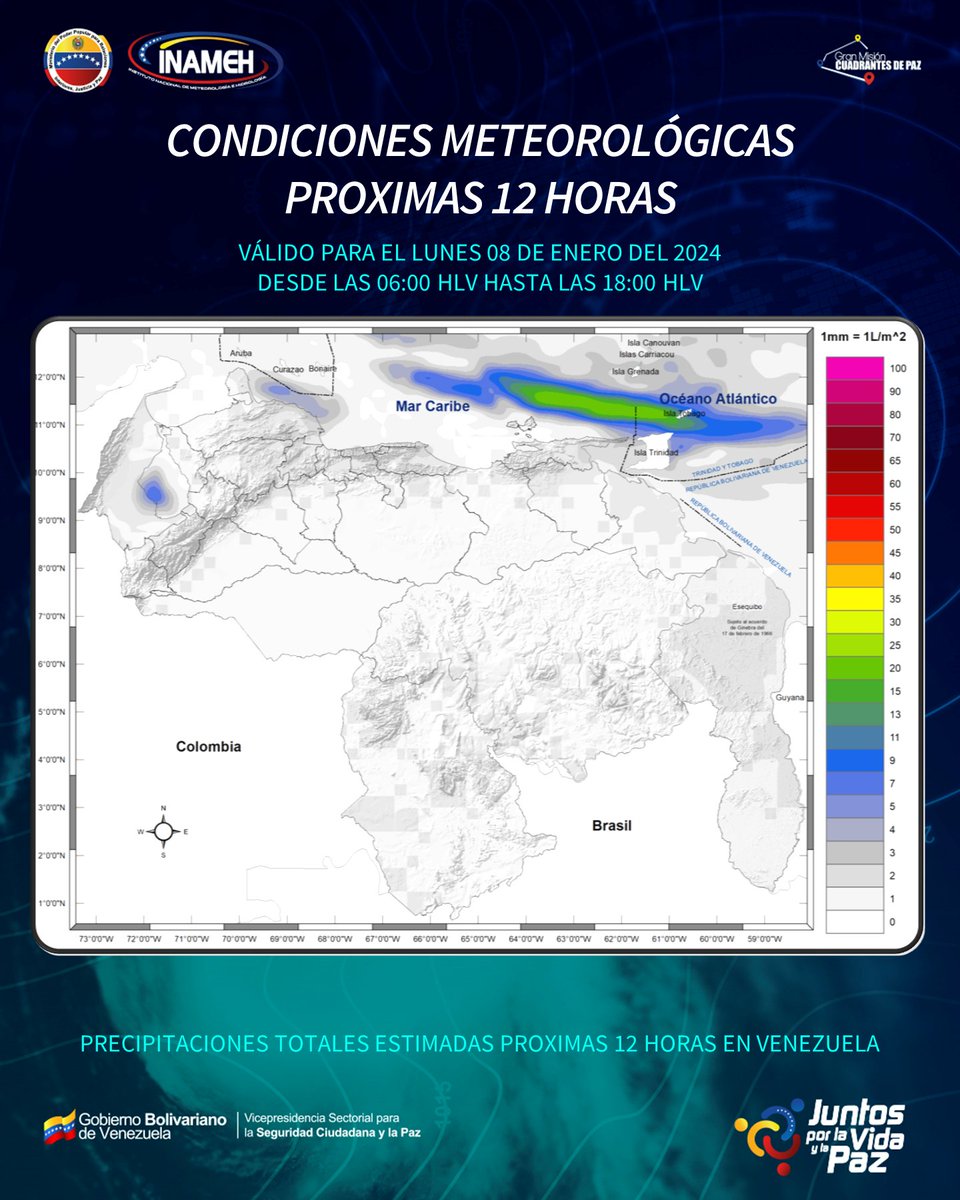 #08Ene #INAMEHInforma Se prevé cielo con poca nubosidad en gran parte del país; sin embargo se estiman algunas lluvias y lloviznas dispersas en áreas de la Guayana Esequiba, Delta Amacuro, Sucre, este de Falcón, sur de Bolívar, Amazonas, los Andes y sur del Zulia;