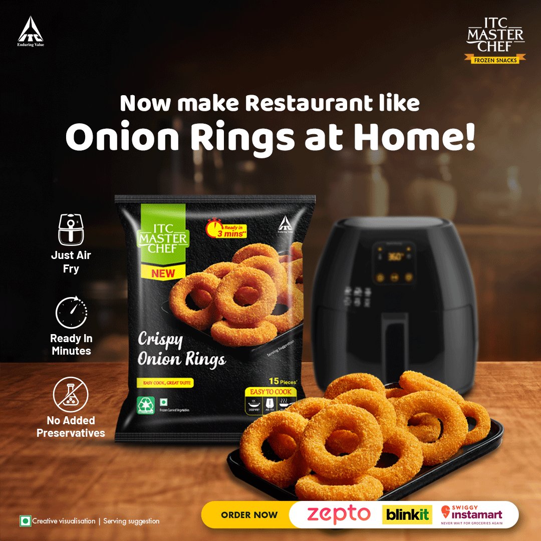 ITCMasterChef's tweet image. Crafted by Master Chefs, these make your way around the kitchen an easy one.

#ITCMasterChef #ITC #YummyFood #EasyToCook #Snacks #FoodLovers #CrispyOnion #OnionRings #airfry #food #snackslove #easysnacks