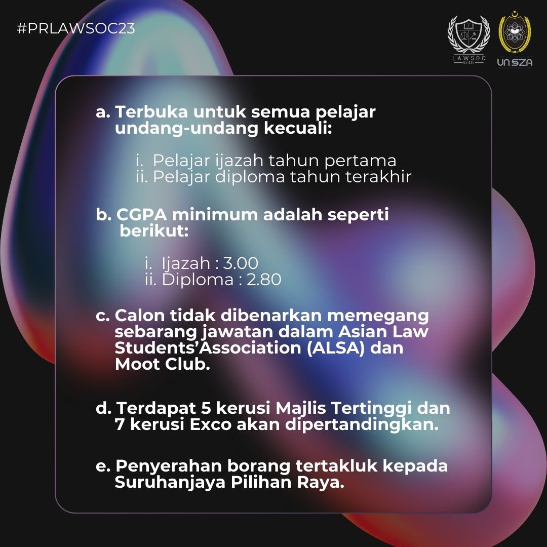 UniSZAlawsoc's tweet photo. Assalammualaikum dan salam sejahtera.
Jika anda berminat untuk bertanding bagi jawatan baru (Majlis Tertinggi dan EXCO) LAWSOC Sesi 2023/2024, anda diminta untuk membaca syarat kelayakan dahulu sebelum mengambil borang pencalonan. Terima kasih dan harap maklum. https://t.co/vplDfNM6KG