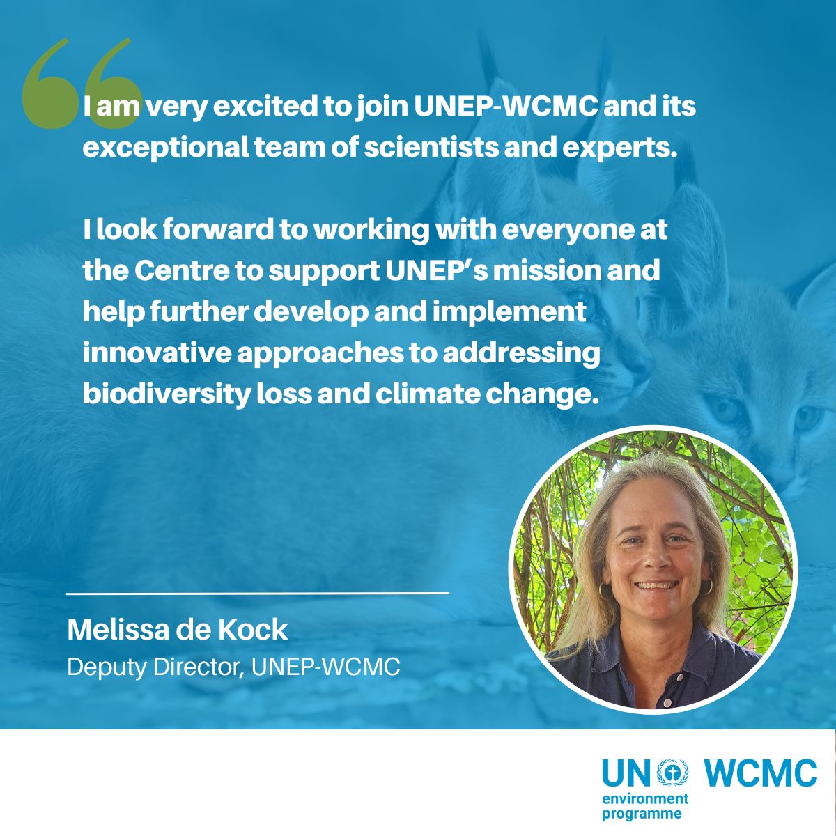 📢UNEP-WCMC is delighted to announce the appointment of our new Deputy Director Melissa de Kock. Melissa joins us today from @UNEP, where she was Head of the Biodiversity, People and Landscapes Unit. We look forward to working with her 🔗 tinyurl.com/mr2p5rdn