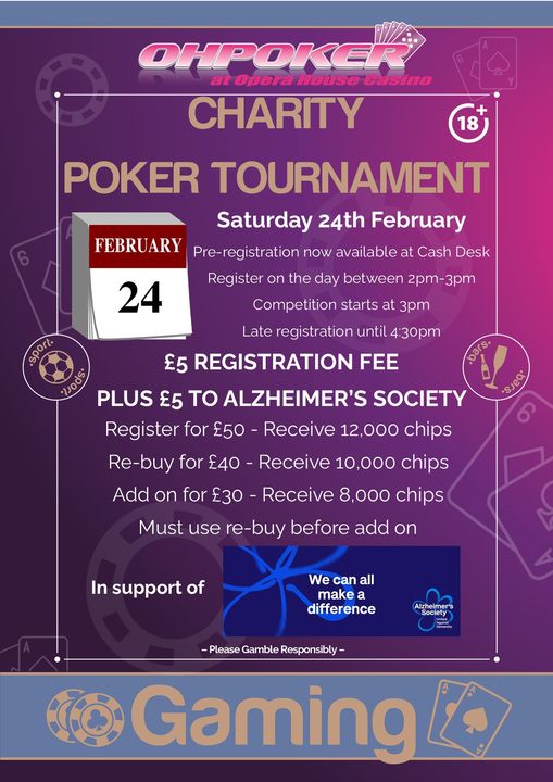 Shuffle up and deal for a cause! Mark your calendars for our Charity Poker event on Saturday 24th February at 3pm in support of Alzheimer's Society.
18+ Please gamble responsibly 

#casino #poker #pokertournament #charityevent #scarborough