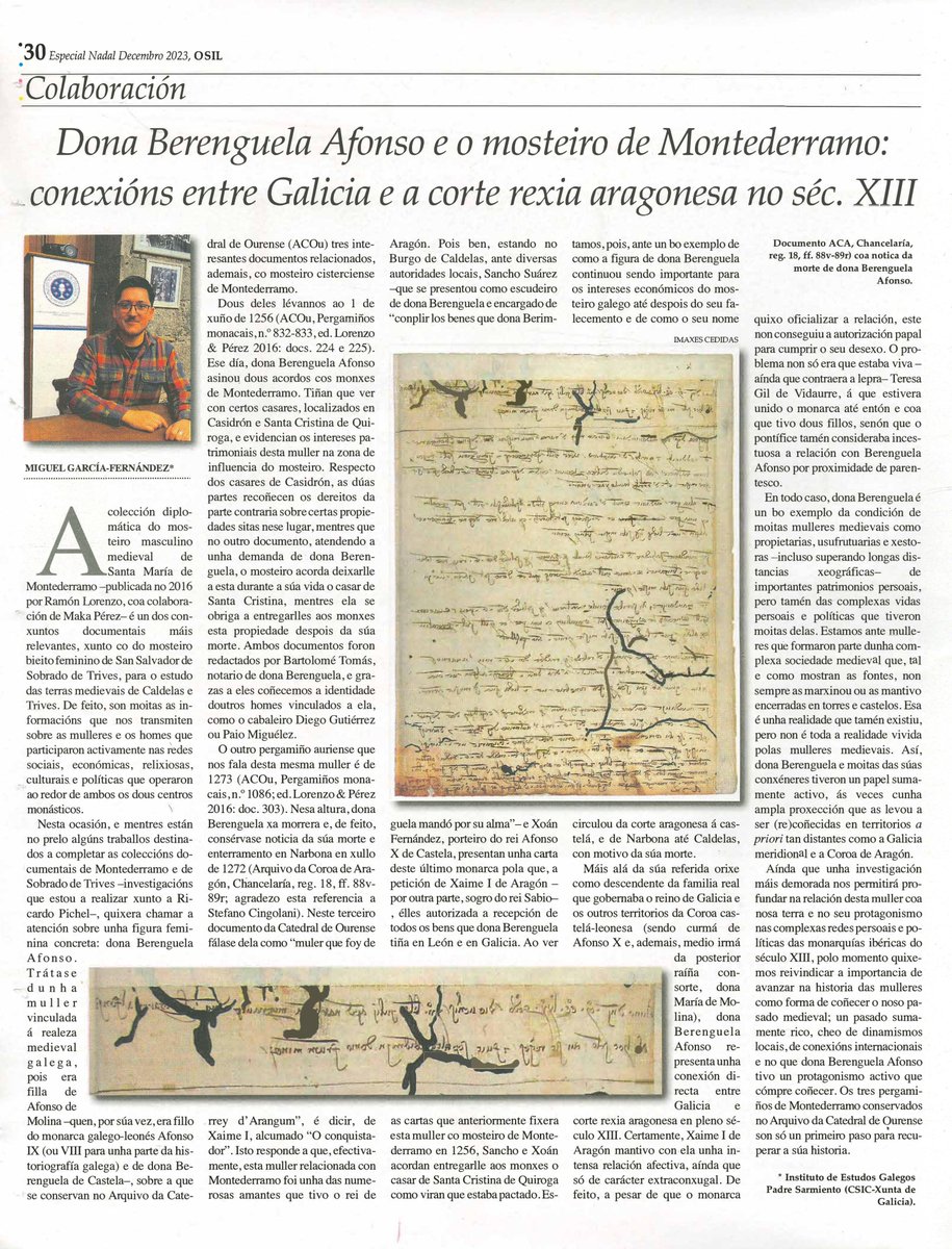 No especial de Nadal do xornal O SIL, o noso compañeiro @Miguel_GciaFdez colaborou cunha contribución sobre dona Berenguela Afonso e o mosteiro de Montederramo, destacando algunhas conexións entre Galicia e a corte rexia aragonesa no séc. XIII.