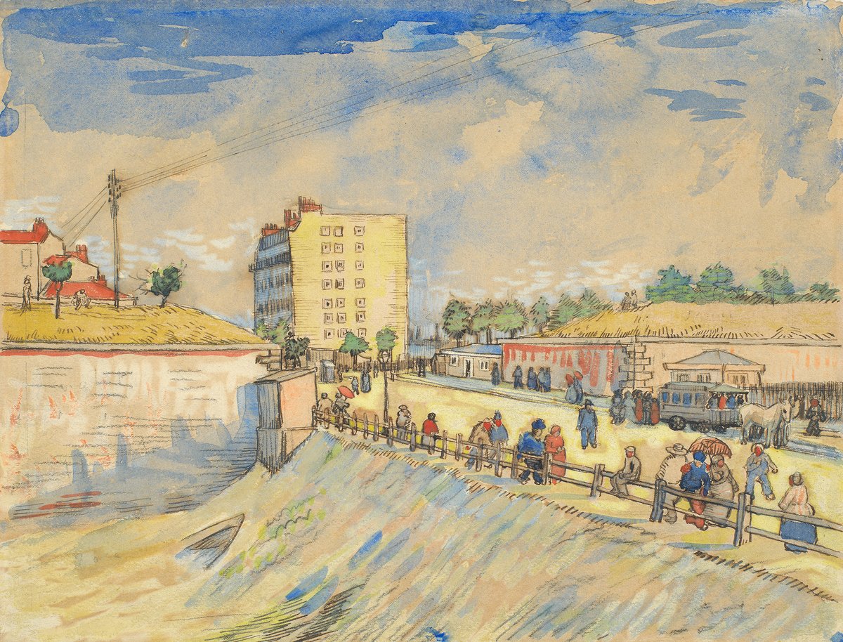 🇫🇷 In Paris, Vincent embraced the vibrant Impressionist colours, leaving behind his dark Dutch tones. His subjects shifted to lively scenes -busy cafes, bustling streets, and dreamy parks. 'Gate in the Paris Ramparts' is now on view in the 'Van Gogh along The Seine' exhibition.
