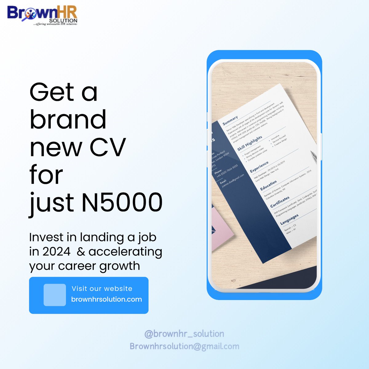 BrownhrS's tweet photo. If you're planning on applying to jobs in 2024 with the same CV, you're wrong

Let's curate an optimized CV to stand you out &amp; land a job

For half the price at N5000, Just a DM saying *"Express CV" for a brand-new CV in 24 HRS ⏰ https://t.co/YusN9s6nTd