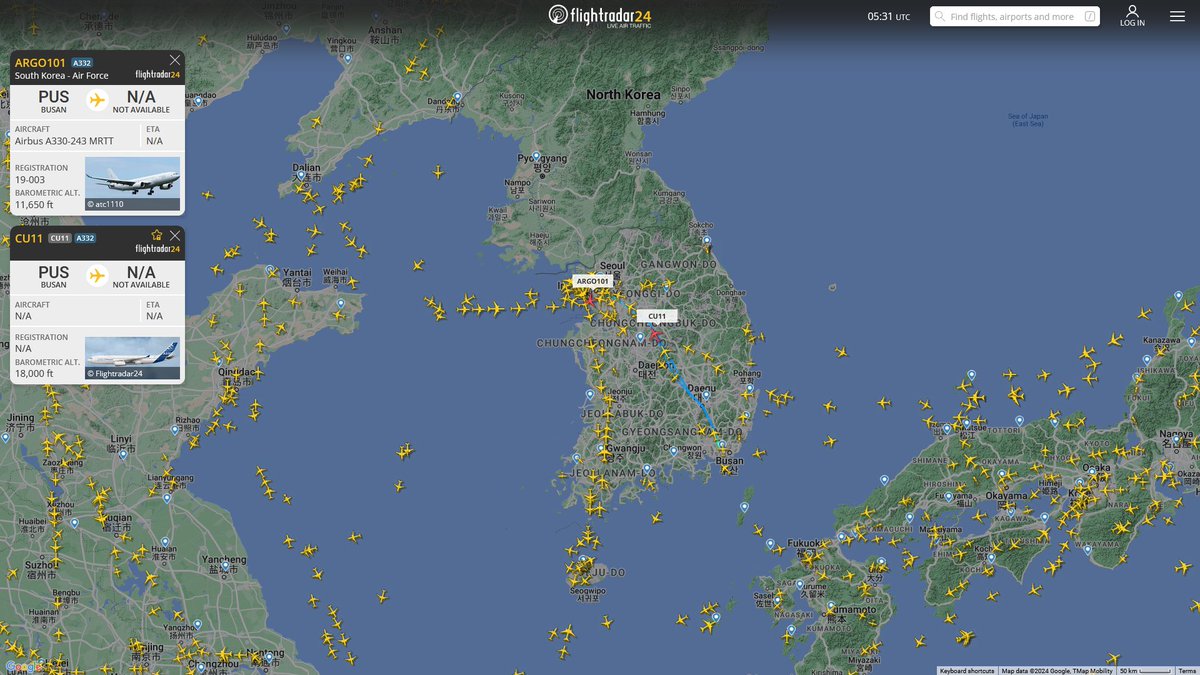 AIYeyENGDdJkjTr's tweet photo. Jan. 8, 2024
#Gimhae Air Base, Busan ==>
#ARGO101 #71F888 ROKAF KC-330 Cygnus
#CU11 #71F808 ROKAF KC-330 Cygnus https://t.co/OuUwkDOmSh