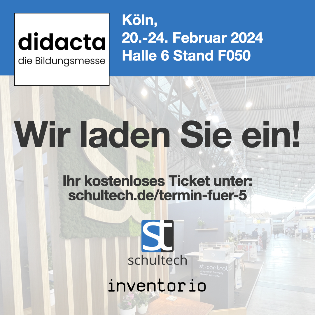 🎫 didacta 2024 - Sichern Sie sich jetzt Ihr kostenloses Ticket!

🚀 Wir können es kaum erwarten, unsere neusten Entwicklungen am Stand F050 in Halle 6 zu präsentieren. Nutzen Sie den Link, um Ihr kostenfreies Ticket zu bestellen.

schultech.de/termin-fuer-5