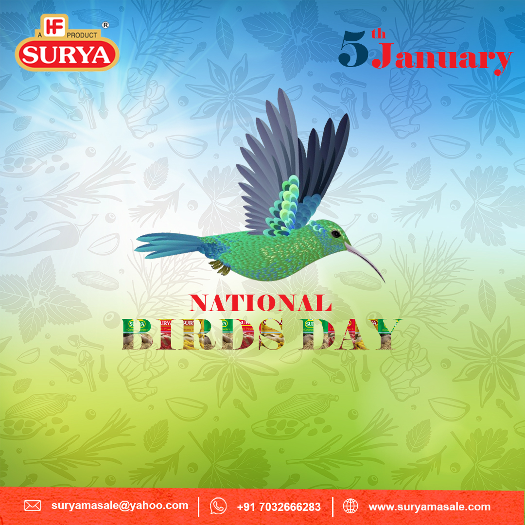 Celebrating the majestic beauty of our feathered friends on National Bird Day! At Surya Masale, we honour the vibrant spirit of these creatures with nature's finest flavours. Join us in appreciating the winged wonders that grace our skies.
#suryamasale  #InternationalBirdsDay