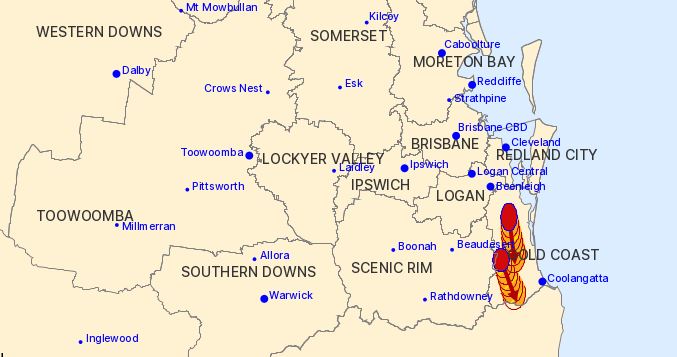 couriermail's tweet photo. Severe thunderstorm warning issued for people in parts of the Gold Coast and Scenic Rim. Latest: https://t.co/Dh64TXFq1p #bnestorms #gcstorms #qldstorms https://t.co/CraErd7SWi