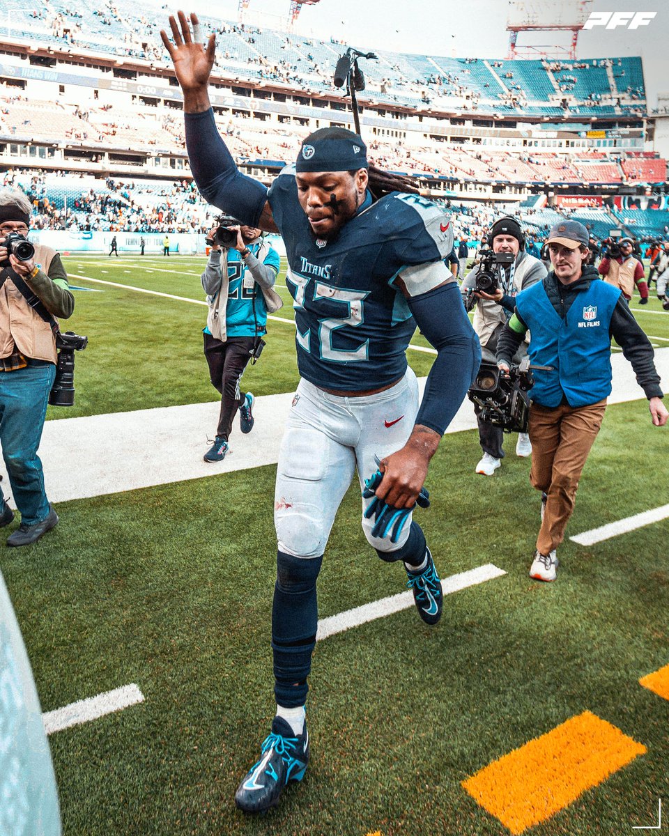 PFF's tweet photo. Derrick Henry in his 8 seasons with the Titans:

⚔️ 2,185 touches
⚔️ 10,955 total yards
⚔️ 97 TDs
⚔️ 7,437 rushing yards after contact https://t.co/7Gz8txiTCF