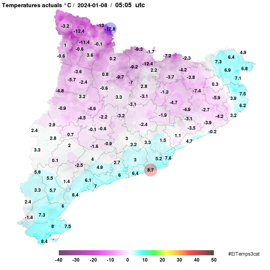 3CatInfoelTemps's tweet photo. Booon dia!!! Fa un fred que pela i més amb el vent que bufa. Sortiu amb tot posat, guants, bufanda i gorro
⬆️ 9 ºC a #Boadella d'#Empordà i #Gavà
⬇️ -10 ºC a #SantSadurni d'#Osomort
🏔️ -18 ºC a la #PicadEstats
👉 https://t.co/GNihOtQoCF…… #ElTemps3Cat https://t.co/zKlhiv6HWV