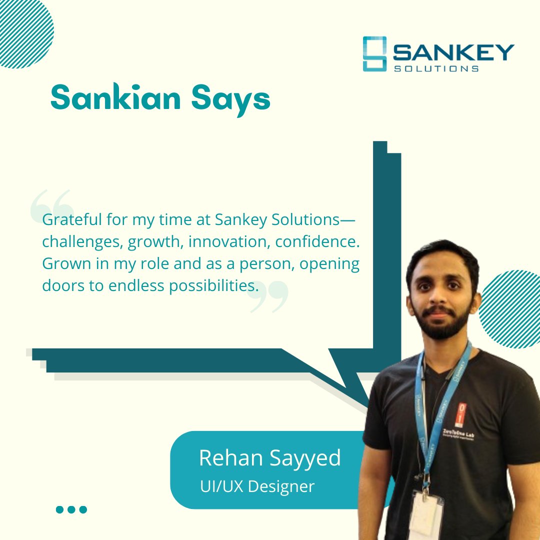 Rehan's journey at Sankey Solutions is a canvas of gratitude and transformation. 💯

As he aptly puts it, Sankey's mission is to nurture growth and develop talent.

#sankeysolutions #sankeyculture #sankian #employee #employeeengagement  #employeeappreciation #employeeexperience