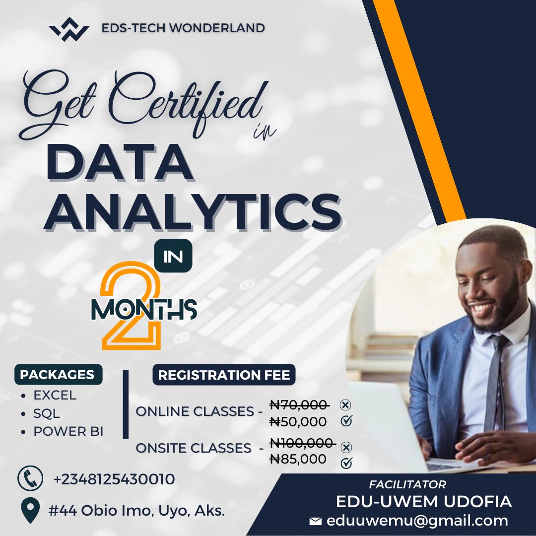 edyuwam's tweet photo. Ready to go into the world of Data Analytics?? Enroll on our -Excel, -Power bi -SQL Training for a Data-Driven Future! 📈📷 Eds-Tech Wonderland is ready to put you through everything you need to know. Contact https://t.co/NUxxFSGJth
@edswonder
#tech_skills #DataAnalytics https://t.co/fl2koeWtkz