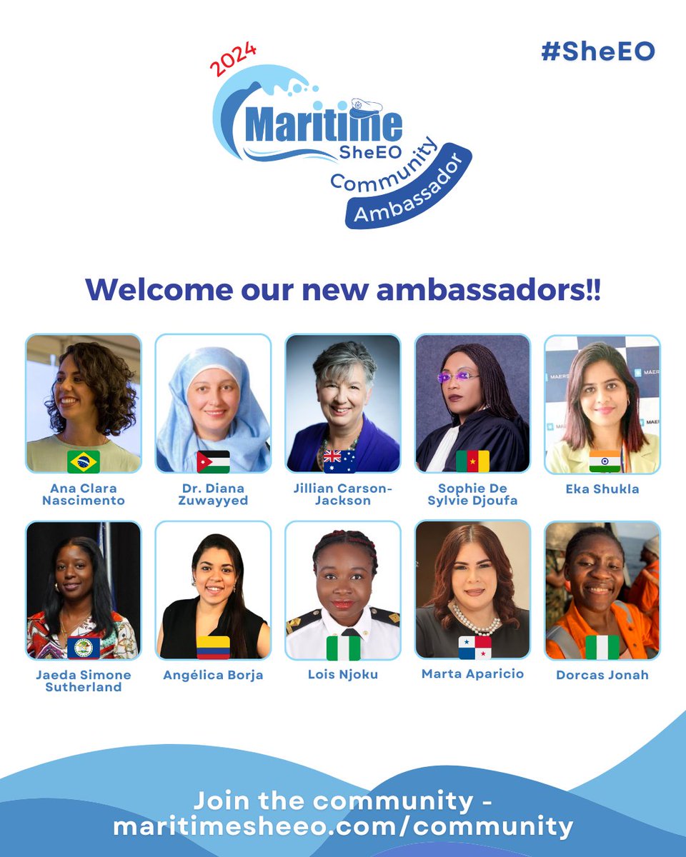 MaritimeSheeo's tweet photo. 🥁 Drum roll please!

Announcing our new ambassadors in 2024! Join us in celebrating their appointment within our community!

#MaritimeSheEO Community Ambassadors have a role in creating dialogue within the community and helping create a safe haven for dialogue.

#WomenLeaders https://t.co/MAV5uTmFqP