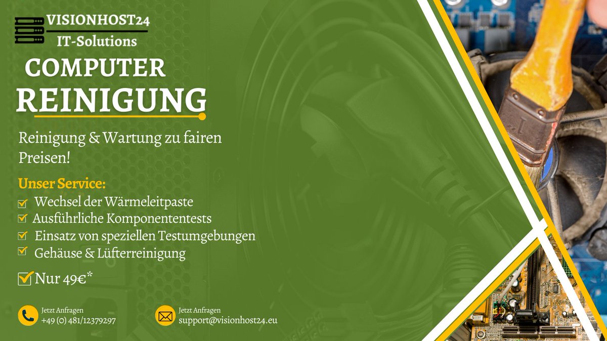 Ihr #Computer wird immer #lauter, #wärmer und fährt immer ohne ersichtlichen Grund herunter?
Lassen Sie ihren #Computer reinigen und wir testen kostenlos ihren Computer auf Probleme.

Kontaktdaten:
📞 0481/12379297
📧 buchhaltung@visionhost24.eu
💻visionhost24.eu/kontakt-dienst…