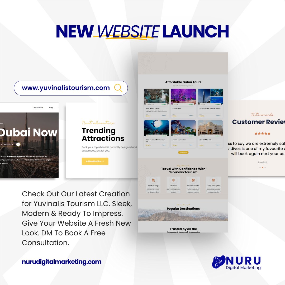 NuruDigital's tweet photo. 🎊Exciting news: We are proud to present our latest web design project for Yuvinalis Tourism, a leading travel agency in Dubai. #webdesign #yuvinalistourism #dubai #nurudigital #onlinemarketing #webdesigner #webdesignagency https://t.co/GRYT992rmI