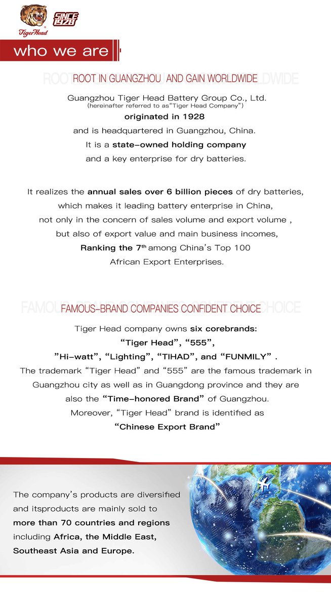 tigerheadchina's tweet image. 🌟 Tiger Head Battery Company, a renowned Chinese export brand, ranks 7th in China's top 100 enterprises exporting to Africa. Operating in 70+ countries, we're your global power partner. Discover our #CarbonBattery #AlkalineBattery #ButtonCellBattery at tigerheadbattery.com.🔋